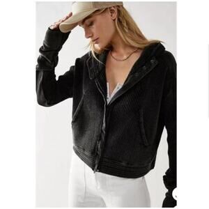 Free People FP One Black Mason Hoodie Waffle Knit Sweatshirt NWT Size Small